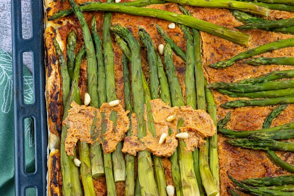 grilled asparagus tart on a plate