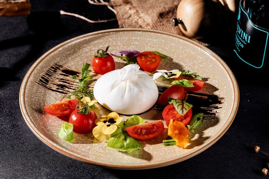 burrata with peach and basil
